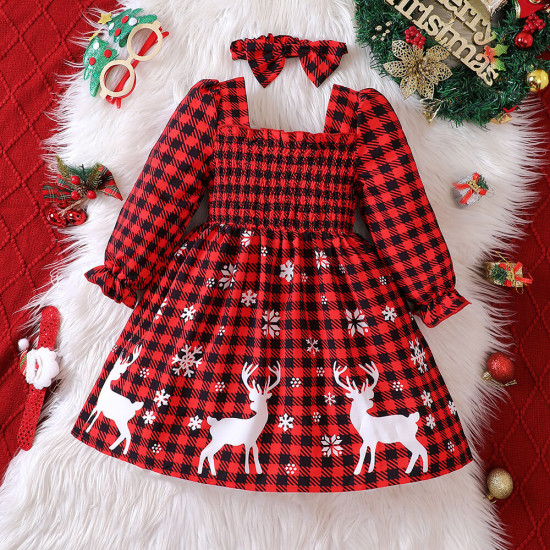 18M-6Y Toddler Girls Christmas Plaid Elk Dress Square Collar  Girls Fashion Clothes  