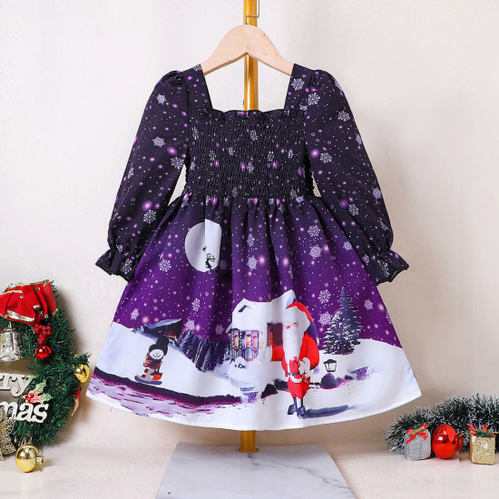 18M-6Y Toddler Girls Christmas Puff Sleeve All Over Print Dress  Girls Fashion Clothes  