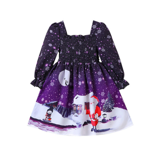 18M-6Y Toddler Girls Christmas Puff Sleeve All Over Print Dress  Girls Fashion Clothes  
