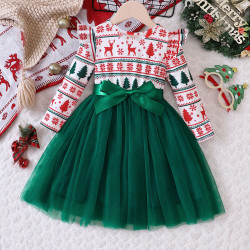 18M-6Y Toddler Girls Christmas Mesh Long Sleeve Dress  Girls Fashion Clothes  