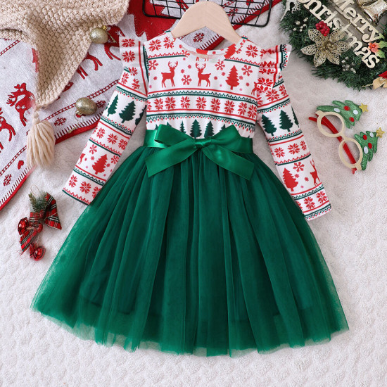 18M-6Y Toddler Girls Christmas Mesh Long Sleeve Dress  Girls Fashion Clothes  