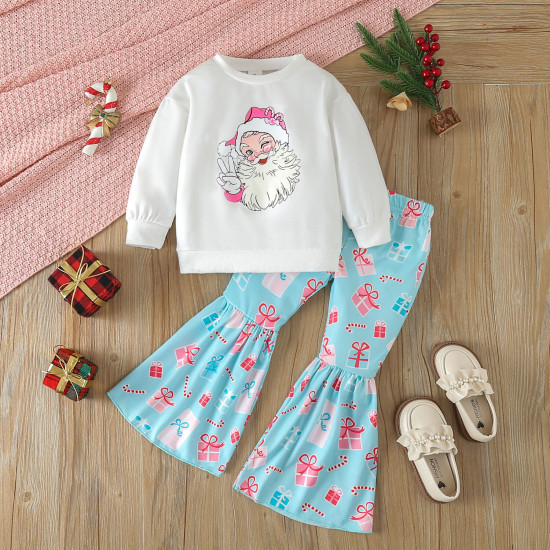 3-7Y Toddler Girls Christmas Two-Piece Set Santa Claus Sweatshirt Bell-Bottom Pants ​ Girls Clothes  