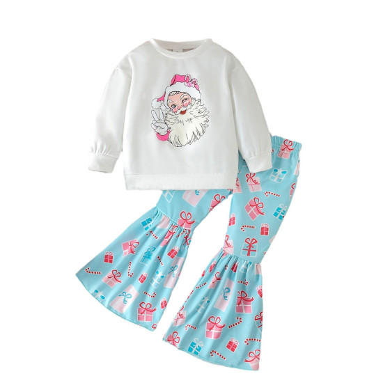 3-7Y Toddler Girls Christmas Two-Piece Set Santa Claus Sweatshirt Bell-Bottom Pants ​ Girls Clothes  