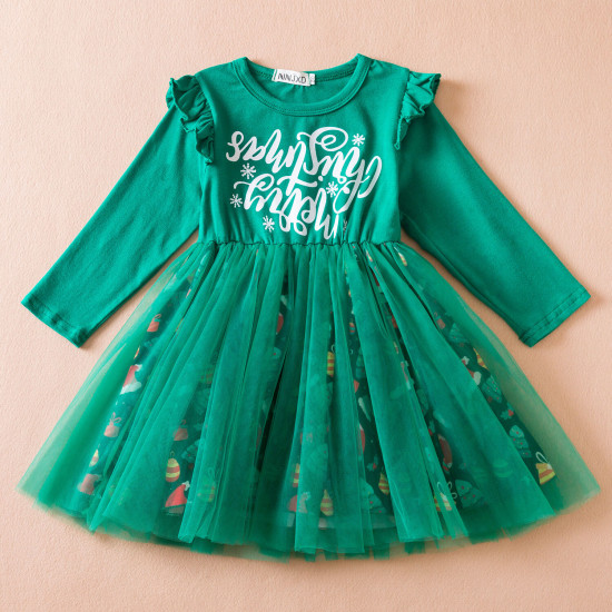 9M-4Y Toddler Girls Christmas Letter Long Sleeve Mesh Dresses  Girls Clothes  