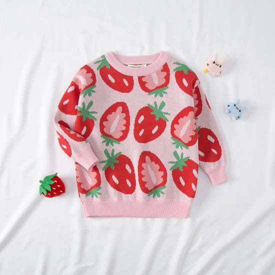 Kid Round Neck Strawberry & Lemon Print Knit Sweater  