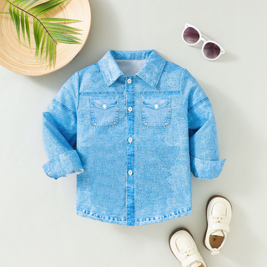 18M-6Y Toddler Boys Long Sleeve Faux Denim Printed Shirts  Boys Clothing  