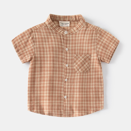 18M-6Y Toddler Boys Stand Collar Plaid Short Sleeve Shirts  Boys Clothing  