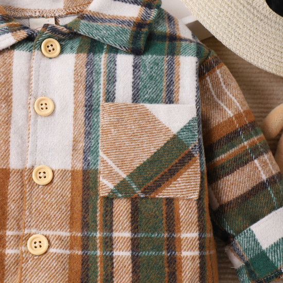 12M-5Y Toddler Boys Lapel Brushed Single Breasted Plaid Shirts  Toddler Clothing  