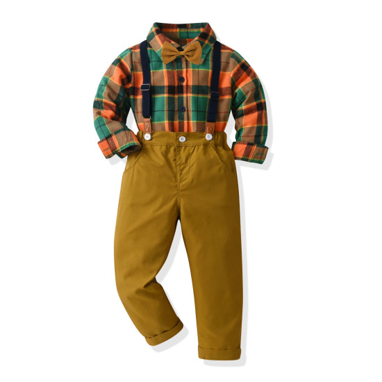 18M-7Y Toddler Boys Birthday Sets Plaid Brushed Bowtie Shirt & Suspender Pants  Boys Clothing  