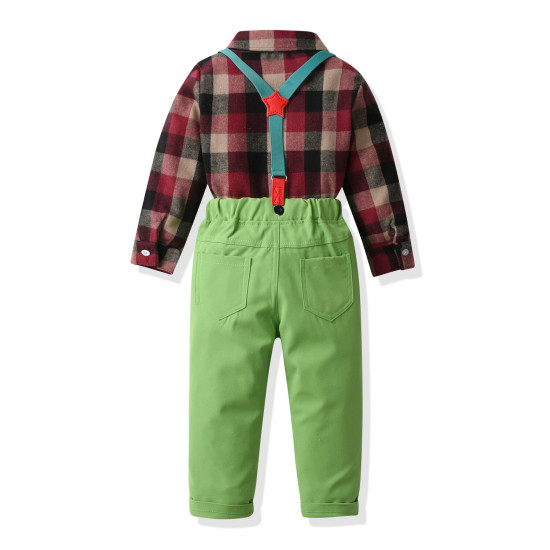 18M-6Y Toddler Boys Green Suspender Pants Suit Long Sleeve Plaid Shirt  Boys Clothing  