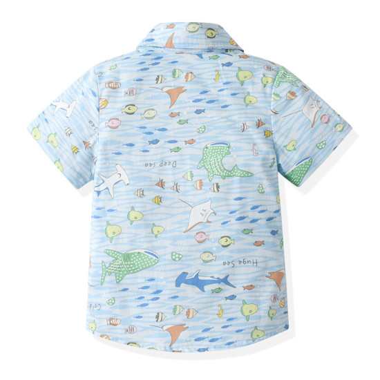 18M-7Y Toddler Boys Shark Print Shirt & Suspender Trousers Gentleman Suit  Boys Clothing  