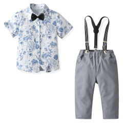12M-6Y Toddler Boys Floral Print Shirt & Suspender Trousers Gentleman Suit  Boys Clothing  