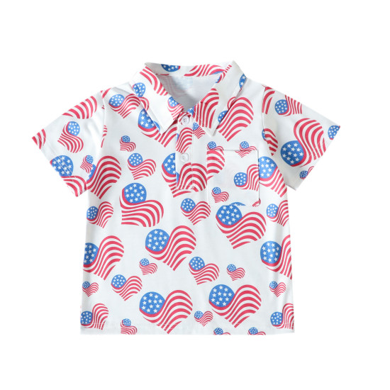 9M-5Y Toddler Boys Independence Day Flag Print Lapel Collar Polo Shirt  Boys Clothes  