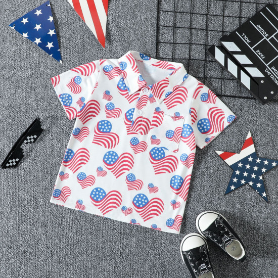 9M-5Y Toddler Boys Independence Day Flag Print Lapel Collar Polo Shirt  Boys Clothes  