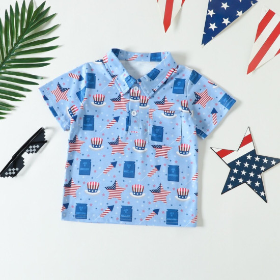 9M-4Y Toddler Boys Independence Day Star Hat Print Lapel Polo Shirt  Boys Clothes  