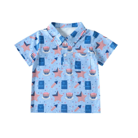 9M-4Y Toddler Boys Independence Day Star Hat Print Lapel Polo Shirt  Boys Clothes  