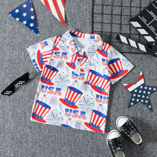 18M-6Y Toddler Boys Independence Day Short Sleeve Lapel Print Polo Shirt  Boys Clothes  
