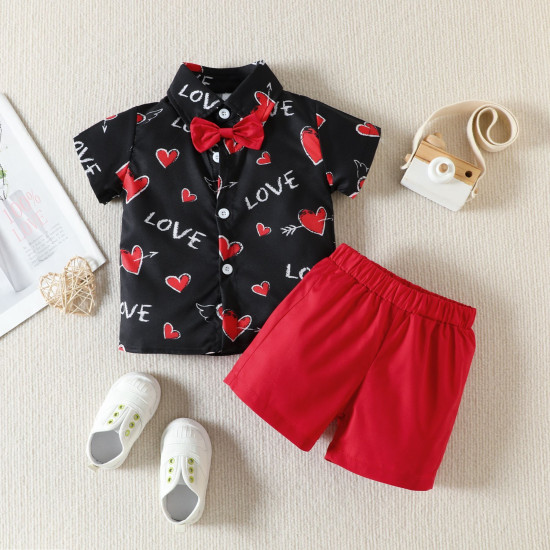 9M-5Y Toddler Boys Heart Print Shirt And Shorts Two-Piece Set  Girls Clothes  