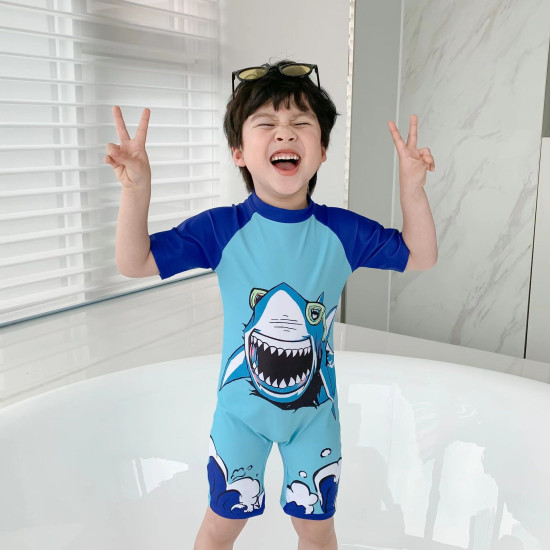 18M-7Y Toddler Boy Short-Sleeved Cartoon Shark Print One-Piece Swimsuit  Toddler Boy Clothes  
