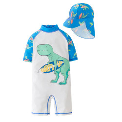 2-7Y Colorblock One Piece Swimsuit Dinosaur Print Hat  Toddler Boy Clothes  