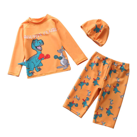 3-12Y Kid Boys Split Swimsuit Sets Cartoon Print Long Sleeve Tops And Striped Pants & Hats Fashionable Boys Clothes  
