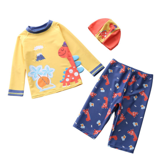 3-12Y Kid Boys Split Swimsuit Sets Cartoon Print Long Sleeve Tops And Striped Pants & Hats Fashionable Boys Clothes  