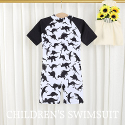 18M-7Y Toddler Boy Cartoon Dinosaur Print Color Blocking Short-Sleeved One-Piece Swimsuit  Boys Clothing  