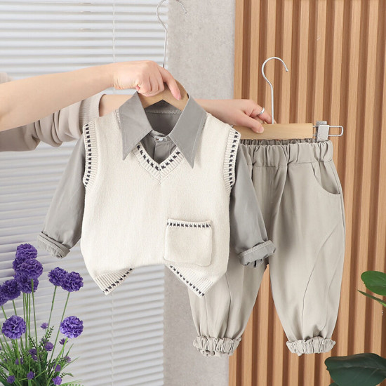 12M-5Y Toddler Boys 3pcs Solid Color Pocket Sweater Sets  Boys Clothing  