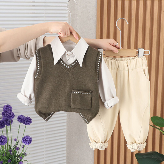 12M-5Y Toddler Boys 3pcs Solid Color Pocket Sweater Sets  Boys Clothing  