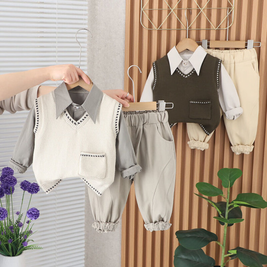 12M-5Y Toddler Boys 3pcs Solid Color Pocket Sweater Sets  Boys Clothing  