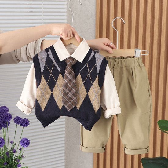 12M-5Y Toddler Boys Long-Sleeved Tie Sweater And Vest Three-Piece Set  Boys Clothing  