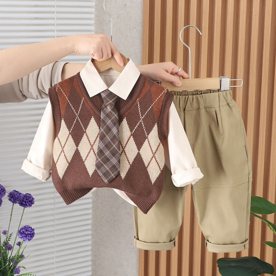 12M-5Y Toddler Boys Long-Sleeved Tie Sweater And Vest Three-Piece Set  Boys Clothing  